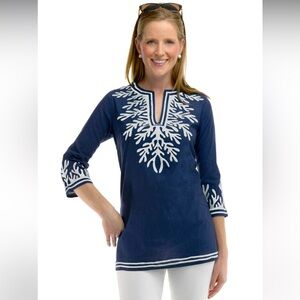 Gretchen Scott Cotton Embroidered Tunic - The Reef in Navy/White Size Medium